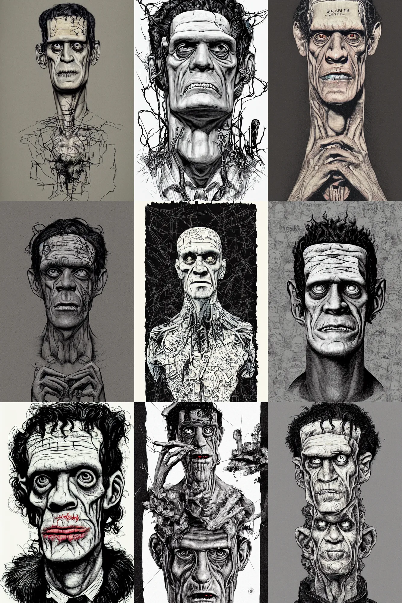 Prompt: portrait of Frankenstein Illustrated by the contemporary artist and illustrator James Jean