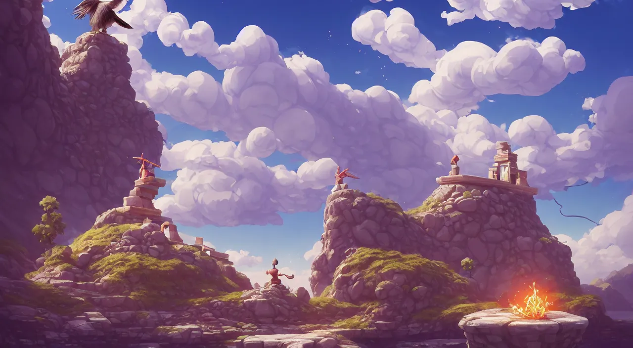 Image similar to painting of antic sitting seagull statue and hill valley Nordic temple of olympus glory hogweed plant grow flower ,in marble incrusted of legends heartstone official fanart behance hd by Jesper Ejsing, by RHADS, Makoto Shinkai and Lois van baarle, ilya kuvshinov, rossdraws global illumination