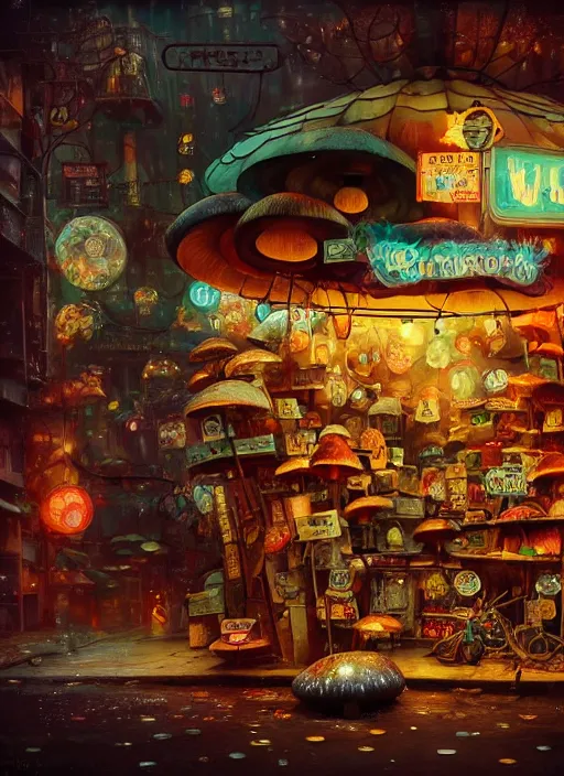 Prompt: a lively and whimsical dark fungal pawn shop, cinematic framing, wide angle, rain lit, kawaii shop grows from the stalk of a giant mushroom, cgsociety, siggraph, dystopian scifi, concept art, set design, oleg oprisco, conrad roset, anka zhuravleva, gediminas pranckevicius, cornell, kawasaki