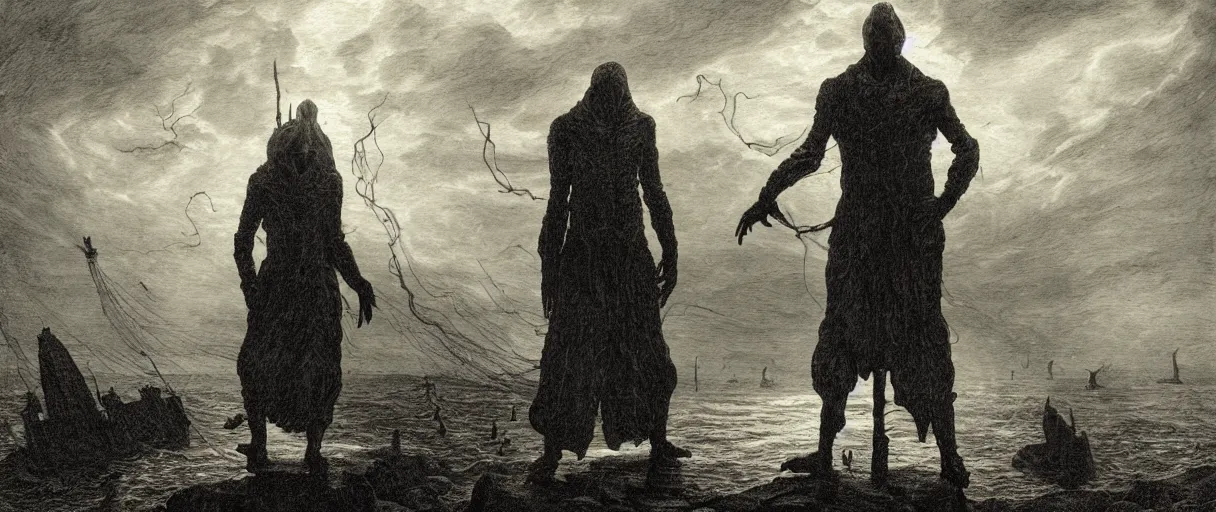 Prompt: an engraving of innsmouth dweller, lovecraftian atmosphere, mutant, fishman, caspar david friedrich, foggy, depth, strong shadows, stormclouds, illuminated focal point, highly detailed