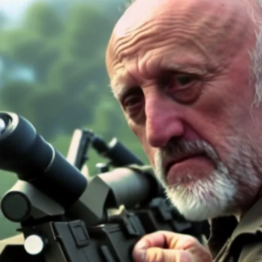 Image similar to Film Still of Mike Ehrmantraut aiming a mounted machine gun, 8k, highly detailed, centered