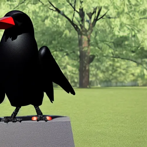 Image similar to a giant crow with a round body short legs and large black beak sitting in a black stone obelisk, photorealistic computer animation, film by Jon Favreau