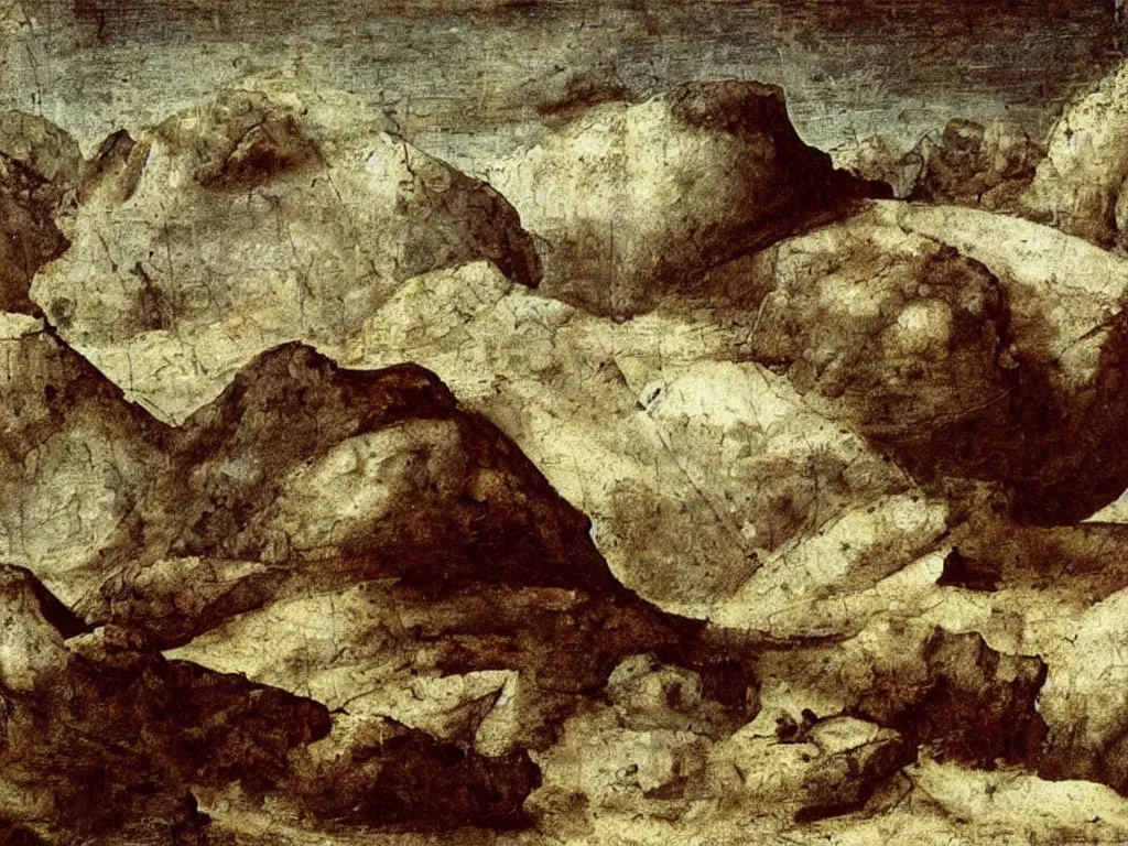 Image similar to dream bot mothership crashed into the icy mountains, wind sculpted boulder. painting by leonardo da vinci