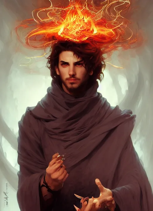 Image similar to character concept portrait of an attractive young focused Spanish wizard with pale red enchanting a flaming fire spell, a floating burning spell book in the center, intricate, elegant, digital painting, concept art, smooth, sharp focus, illustration, from Metal Gear, by Ruan Jia and Mandy Jurgens and William-Adolphe Bouguereau, Artgerm