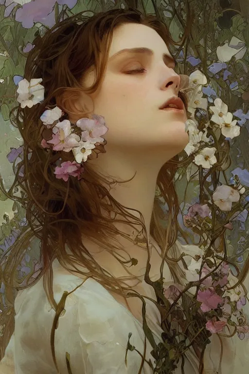 Prompt: hyperrealism, close - up fashion woman portrait airy flowers clouds illustration art by alphonse mucha greg rutkowski craig mullins