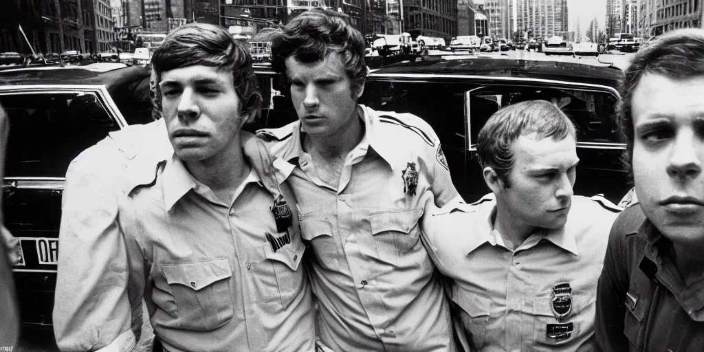 Prompt: two nypd white officers arrest one white guy closeup, 1 9 7 0 s police car, film photography, exposed b & w photography, jill freedman photography