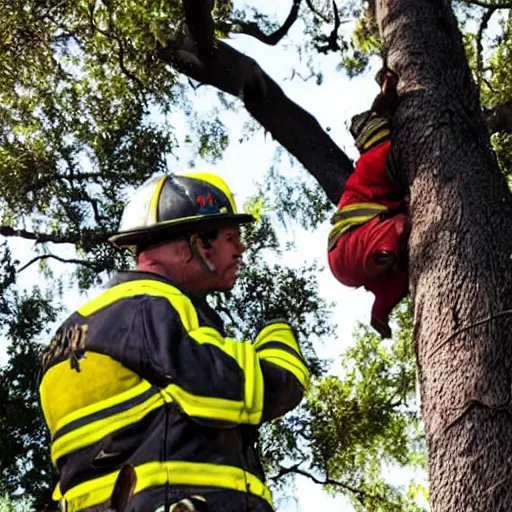Prompt: a cat rescuing a fireman from a tree