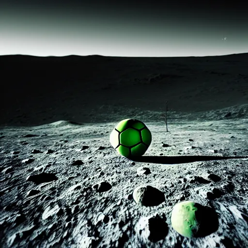 Image similar to a photography of a green soccer pitch on the moon, extreme long shot, realistic