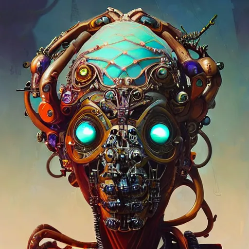 Image similar to portrait biomechanical spider king, cyberpunk, bionics, augments, lights, cables, elegant gleaming intricate baroque jewellery, colorful, vivid, imposing, epic, digital painting, artstation, concept art, by peter mohrbacher and wlop and rhads,