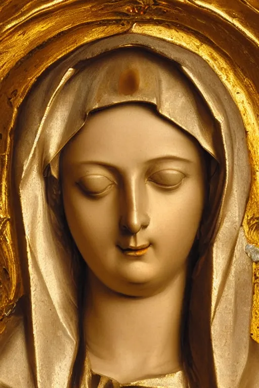 Prompt: Virgin Mary, suffering face, closeup, ultra detailed, made in gold, Guido Reni style