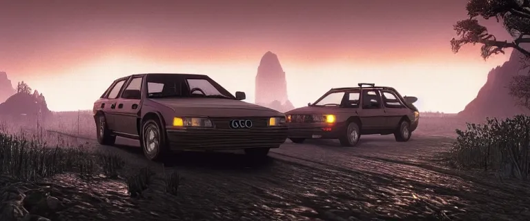 Image similar to Armored Audi 80 B3 Avant (1988) facing off a dark knight, The Elder Scrolls III: Morrowind, an epic fantasy, Morrowind, Vivec City, dramatic lighting, cinematic, establishing shot, extremely high detail, photorealistic, cinematic lighting, artstation, by simon stalenhag