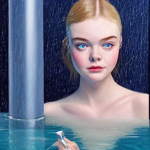 Image similar to Elle Fanning at the pool in the style of Paola Vetri, head and shoulders portrait, stormy weather, extremely detailed masterpiece, oil on canvas, low-key neon lighting, artstation, Blade Runner 2049, Roger Deakin’s cinematography, by J. C. Leyendecker and Peter Paul Rubens and Edward Hopper and Michael Sowa,