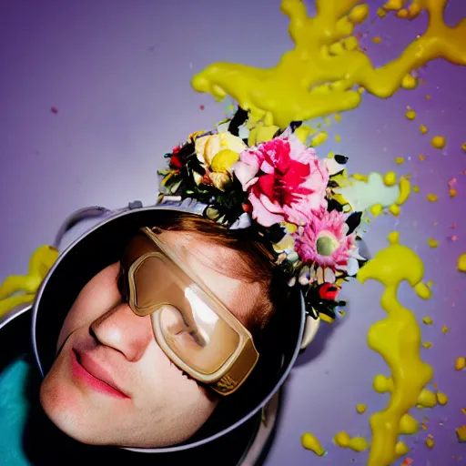 Image similar to close up kodak portra 4 0 0 photograph of a skinny guy with blonde hair laying in a tub of milk, aerial view, wearing goggles, flower crown, moody lighting, telephoto, 9 0 s vibe, blurry background, vaporwave colors, faded!,