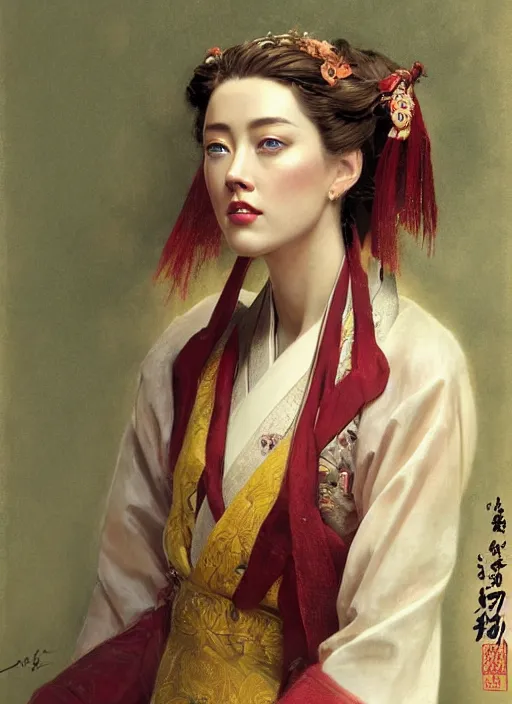 Prompt: detailed portrait of amber heard wearing hanfu, natural light, painting by gaston bussiere, craig mullins, j. c. leyendecker