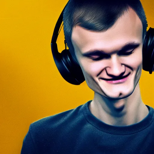 Image similar to vitalik buterin in big headphones with closed eyes listens to music and smiles, wayne barlow, bao pham, donato giancola, larry elmore, masterpiece, trending on artstation, featured on pixiv, cinematic composition, beautiful lighting, sharp, details, hyper - detailed, hdr, 4 k, 8 k