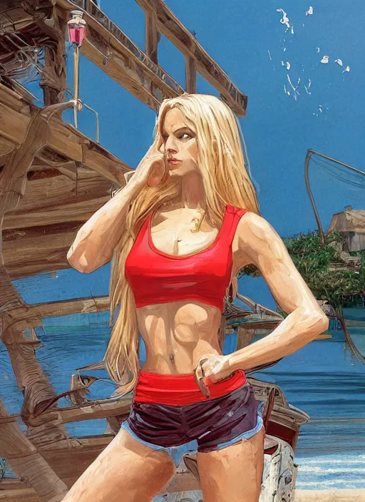 Image similar to , a gorgeous hulking woman with very long hip-length blonde hair, happy sunny day, wearing a cut-off white top and red dirt cut-off shorts standing by the water, beach tennis, modern architecture, in the style of artgerm and moebius and annie liebovitz, marvel comics, photorealistic, highly detailed, trending on artstation, Gediminas Pranckevicius