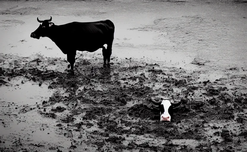 Prompt: a cow stuck in mud, minimalist photography