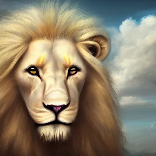 Image similar to a beautfiul aesthetic commission portrait of a anthro albino lion looking at the sky worried,attractive beautiful face,detailes face,expression,natural lighting,fantasy art,deviantart,artstation,character design by charles bowater,ross tran,4k,photorealistic