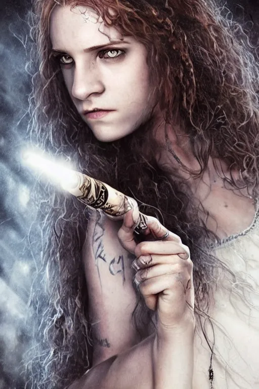 Prompt: dressed Hermione Granger in tattoos with a magic wand, by luis royo, beautiful eyes, by Aggi Erguna, top cinematic lighting, cinematic mood, hyperrealism, high detail