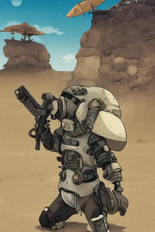 Image similar to anthropomorphic rodent with white and black ancestral ornate japanese tactical gear on an abandonment desert planet, long shot, rule of thirds, golden ratio, graphic novel by fiona staples and dustin nguyen, by beaststars and orange, peter elson, alan bean, studio ghibli, makoto shinkai