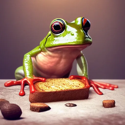 Image similar to hyperrealistic film still of a cute frog eating toast stunning 3 d render, inspired by istvan sandorfi & greg rutkowski & unreal engine, perfect facial symmetry, dim volumetric cinematic lighting, 8 k octane comprehensive render, extremely hyper - detailed, incredibly lifelike attributes, intricate, real flesh texture, masterpiece, artstation, stunning,