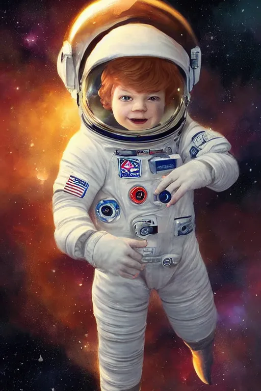 Image similar to a little boy with ginger hair floating in space, surrounded by stars. he is an astronaut, wearing a space suit. clean elegant painting, beautiful detailed face. by raymond swanland and artgerm and greg rutkowski