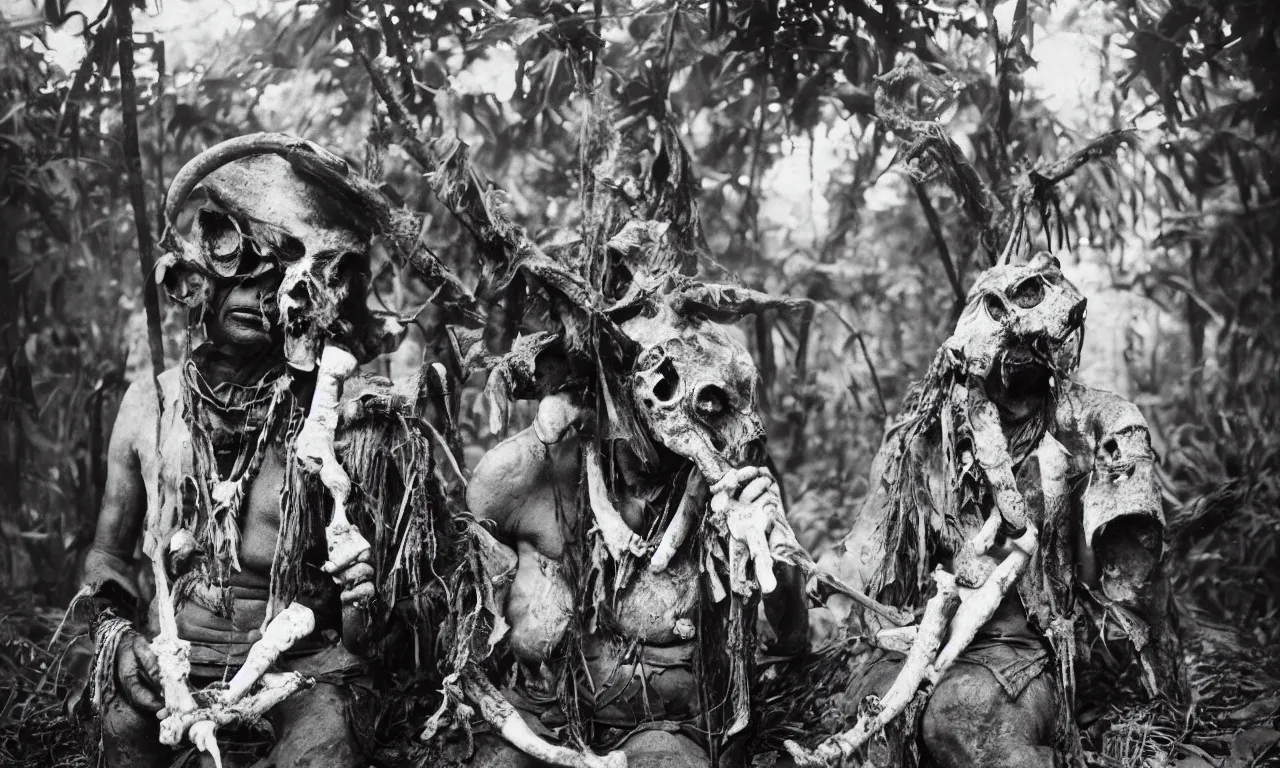 Prompt: a black and white old wet - plate photograph of a tribal elder with a bone in his nose and a scary mask and a pet dragon sitting on his shoulder in the jungle of congo during colonial times, holding a modern digital slr camera in his hand and taking a photo