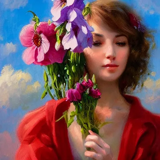 Image similar to a portrait of a romantic woman with flowers grow out of hair, roses peonies forget-me-nots dahlias lupins gladioli, sky theme in background, by Alexandr Averin, Digital Art, Trending on artstation