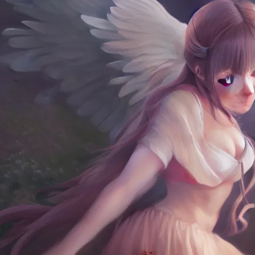 Image similar to an oil painting of a beautiful anime girl with angel wings, by artgerm, wlop and greg rutkowski, hd, hdr, ue 5, ue 6, unreal engine 5, cinematic 4 k wallpaper, 8 k, ultra detailed, high resolution, artstation, award winning