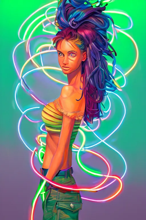 Image similar to a award winning full body portrait of a beautiful woman with stunning eyes in a one off shoulder croptop and cargo pants with rainbow colored hair, outlined by whirling illuminated neon lines and fine lines swirling in circles by jesper ejsing and rhads and makoto and shinkai and lois van baarle, digital art, trending on artstation