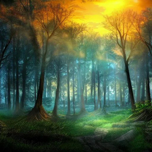 Prompt: the last sunset in the forest of dreams, 8k resolution, digital art, trending on art station