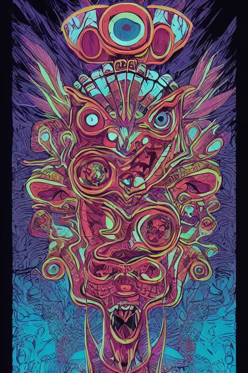 Image similar to totem animal mask tribal feather gemstone plant wood rock shaman vodoo video game vector illustration vivid multicolor borderlands comics by josan gonzales and dan mumford radiating a glowing aura