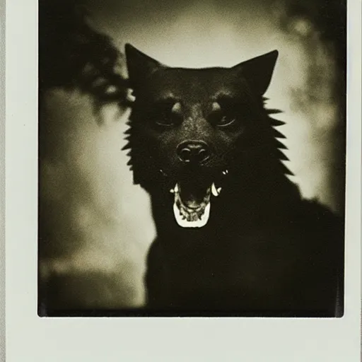 Prompt: old polaroid depicting a hellhound with white eyes and long sharp teeth, at a clearing, at dusk
