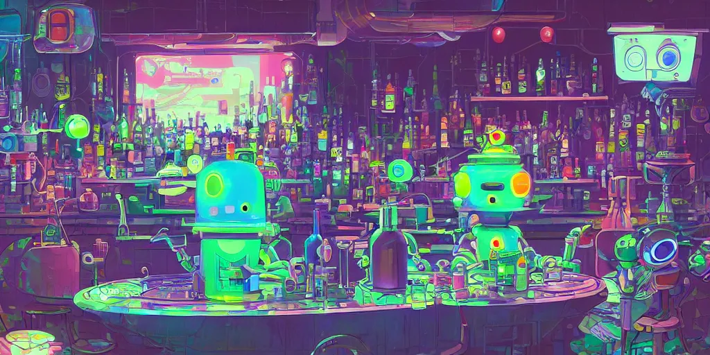 Image similar to a cute robot in a cyberpunk bar by chiho aoshima