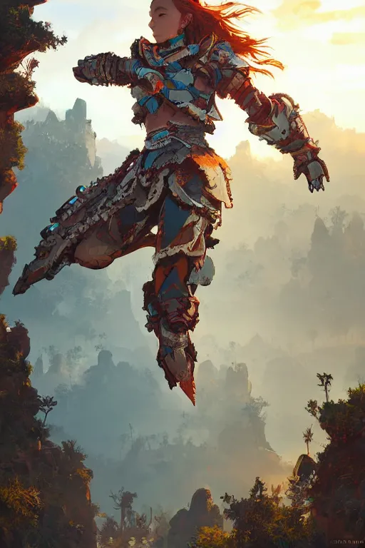 Image similar to combination suit armor aloy horizon forbidden west horizon zero dawn radiating a glowing aura global illumination ray tracing hdr fanart arstation by ian pesty and alena aenami artworks in 4 k tribal robot ninja mask helmet backpack