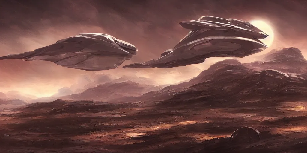 Prompt: sci-fi spaceship flying low over an alien landscape, concept art, digital painting,