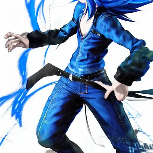 Image similar to a blue haired boy in a dynamic pose. character design. gesture drawing. line of action. official art, concept art. tetsuya nomura. final fantasy. shigenori soejima medium shot. ray tracing hdr. 8 k. uhd. sharp focus. symmetrical. coherent highly detailed. masterpiece. cinematic lighting..