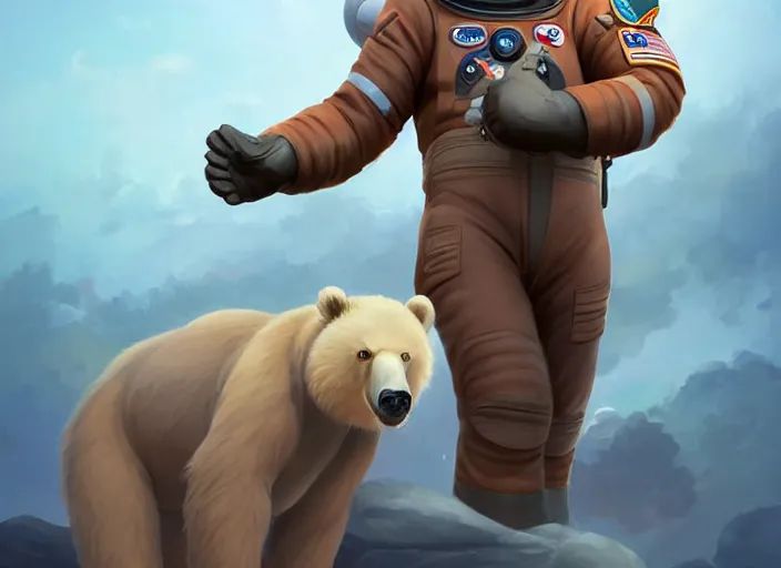 Image similar to character portrait feature of the anthro male anthropomorphic kamchatka brown bear fursona wearing cosmonaut outfit uniform professional pilot astronaut cosmonaut spirited disciplined character design stylized by charlie bowater, ross tran, artgerm, and makoto shinkai, detailed, soft lighting, rendered in octane