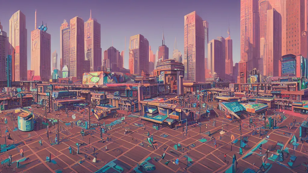 Image similar to street level view of empty plaza in retro robot city at the other side of nowhere, sharp digital painting. retrofuturism. concept art. artstation. casey weldon. digital render. dan mumford.