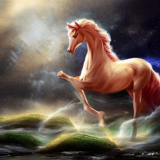 Image similar to a mer horse, fantasy art,