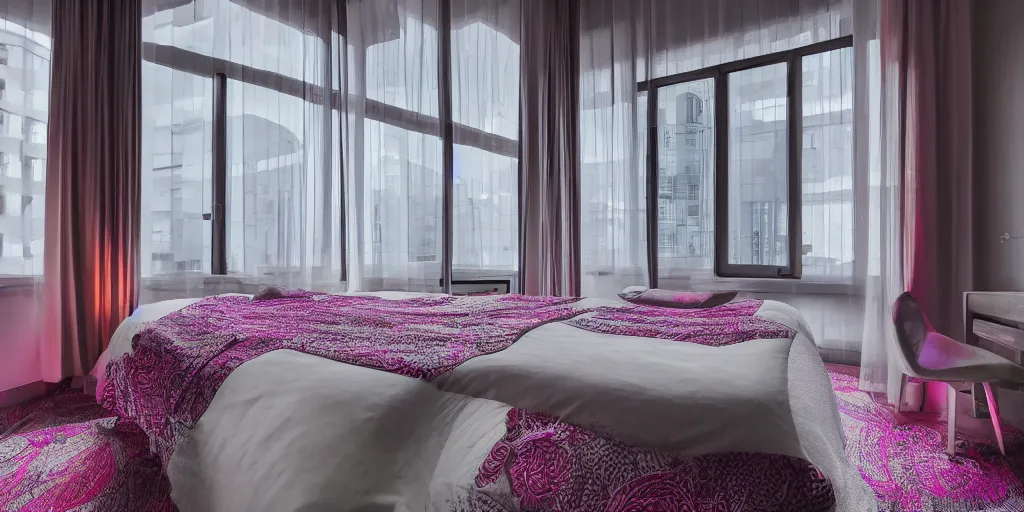 Prompt: photo of a beautiful neon hotel bedroom with a nearby window, nighttime, 8k photography, 8k, 4k