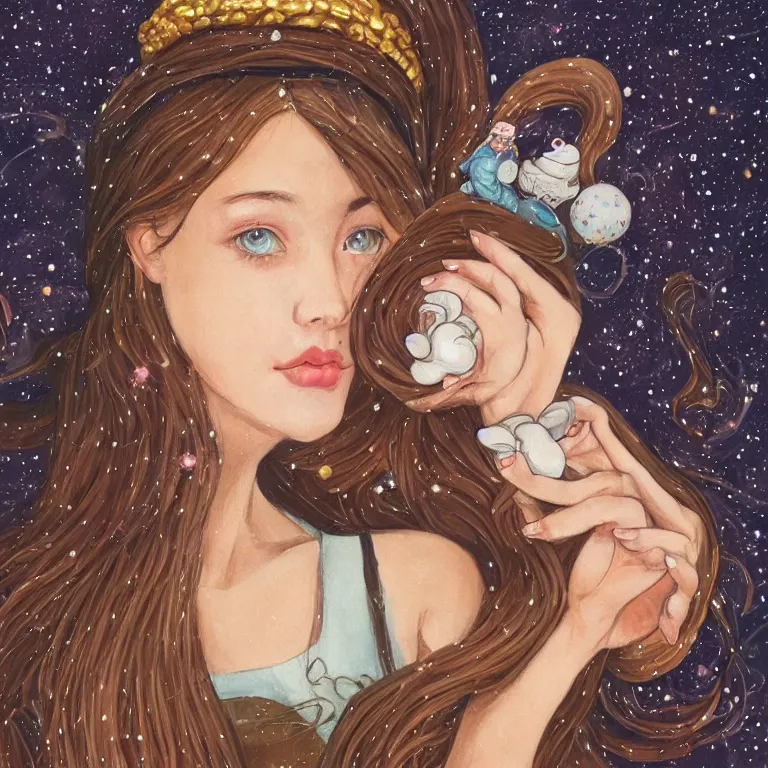 Prompt: a beautiful portrait of a girl on whose head a space and cosmic places like ganache, planets like a whipped frosting or filling made with semisweet chocolate and cream, used for cakes, pastries, and candies, highly detailed, fantasy art