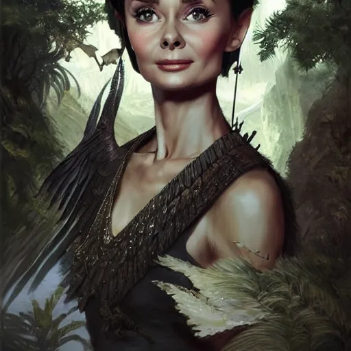 Prompt: audrey hepburn as a fary in an epic fantasy novel, various backgrounds, intricate, elegant, highly detailed, digital painting, artstation, matte, illustration, art by artgerm, greg rutkowski, tom bagshaw