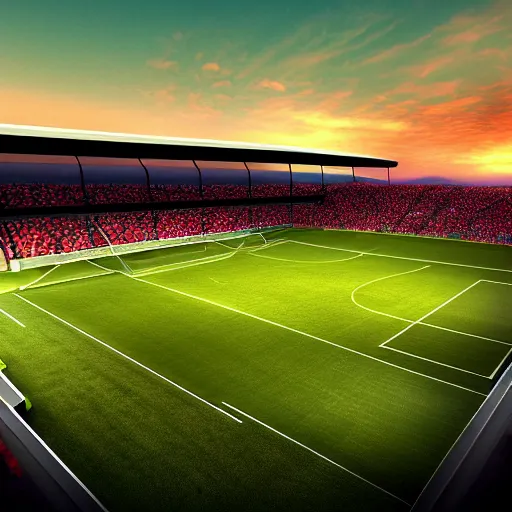 Image similar to soccer stadium, full crowd, detailed soccer field, high def, modern looking stadium, 8 k, hd, colourful sunset sky,