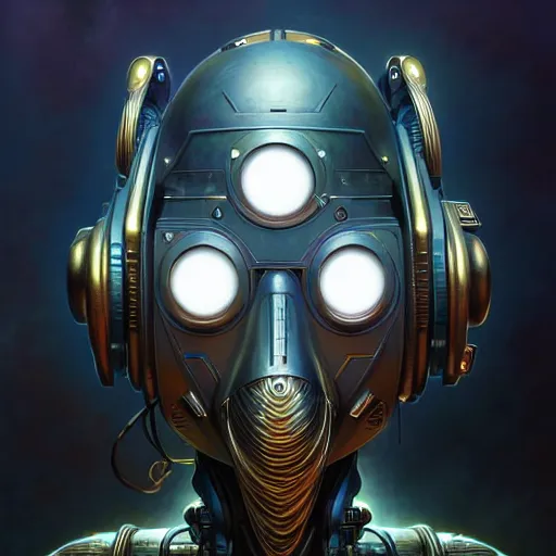 Image similar to front shot of a cyberpunk gazmask robot character, intricate, elegant, highly detailed, centered, digital painting, artstation, concept art, smooth, sharp focus, illustration, artgerm, Tomasz Alen Kopera, Peter Mohrbacher, donato giancola, Joseph Christian Leyendecker, WLOP, Boris Vallejo