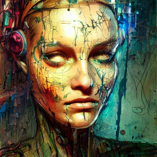 Prompt: human 3 d by pantokrator, beautiful woman head made of mech mask rendered in unreal engine, cyberpunk, rave, scifi, painted by david burliuk | bernard buffet | carne griffiths | stanislaw lem