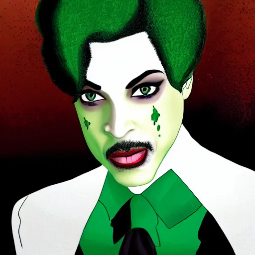 Image similar to an illustration of prince as two face. half his face is white with green hair.