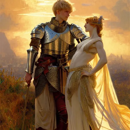 Image similar to attractive arthur pendragon and his favourite attractive male knight, they are in love, camelot, natural lighting, path traced, highly detailed, high quality, digital painting, by gaston bussiere and ross tran and j. c. leyendecker and alphonse mucha