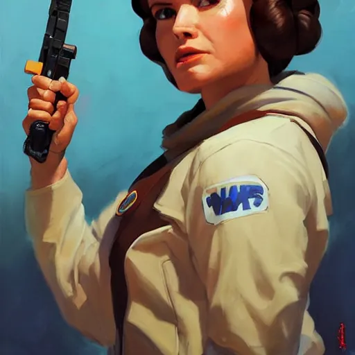 Image similar to greg manchess portrait painting of leia organa as overwatch character, medium shot, asymmetrical, profile picture, organic painting, sunny day, matte painting, bold shapes, hard edges, street art, trending on artstation, by huang guangjian and gil elvgren and sachin teng