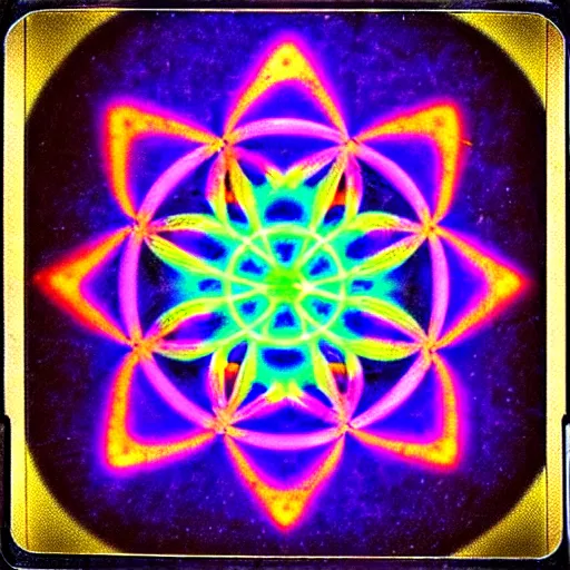 Image similar to vintage polaroid style image of neon mandala sacred geometry fractals